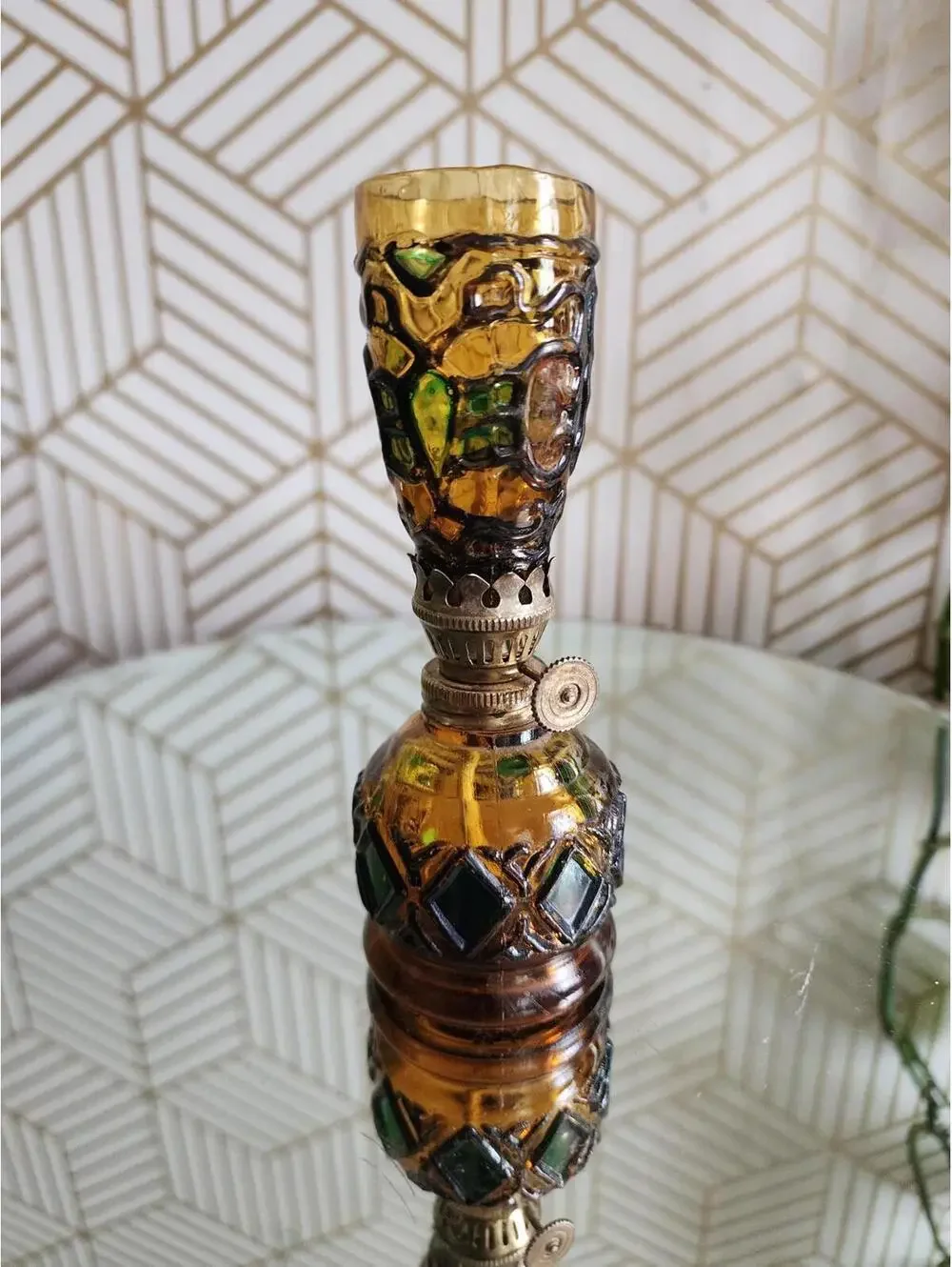Vintage Faux Stained Glass Amber Small 2pc Oil Lamp - Hong Kong